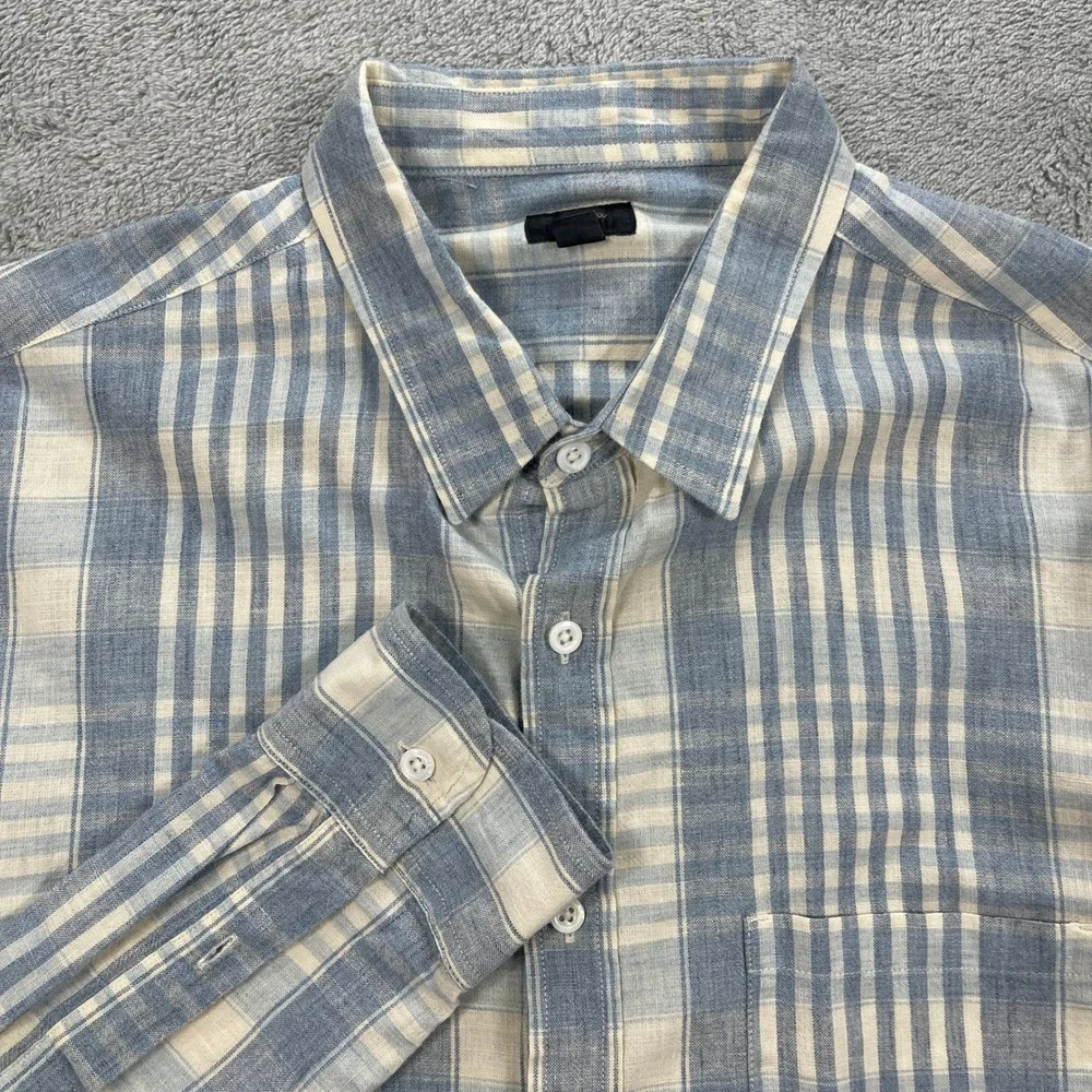 J. Crew Button Down Shirt Men L Blue Plaid Linen Blend Long Sleeve Casual